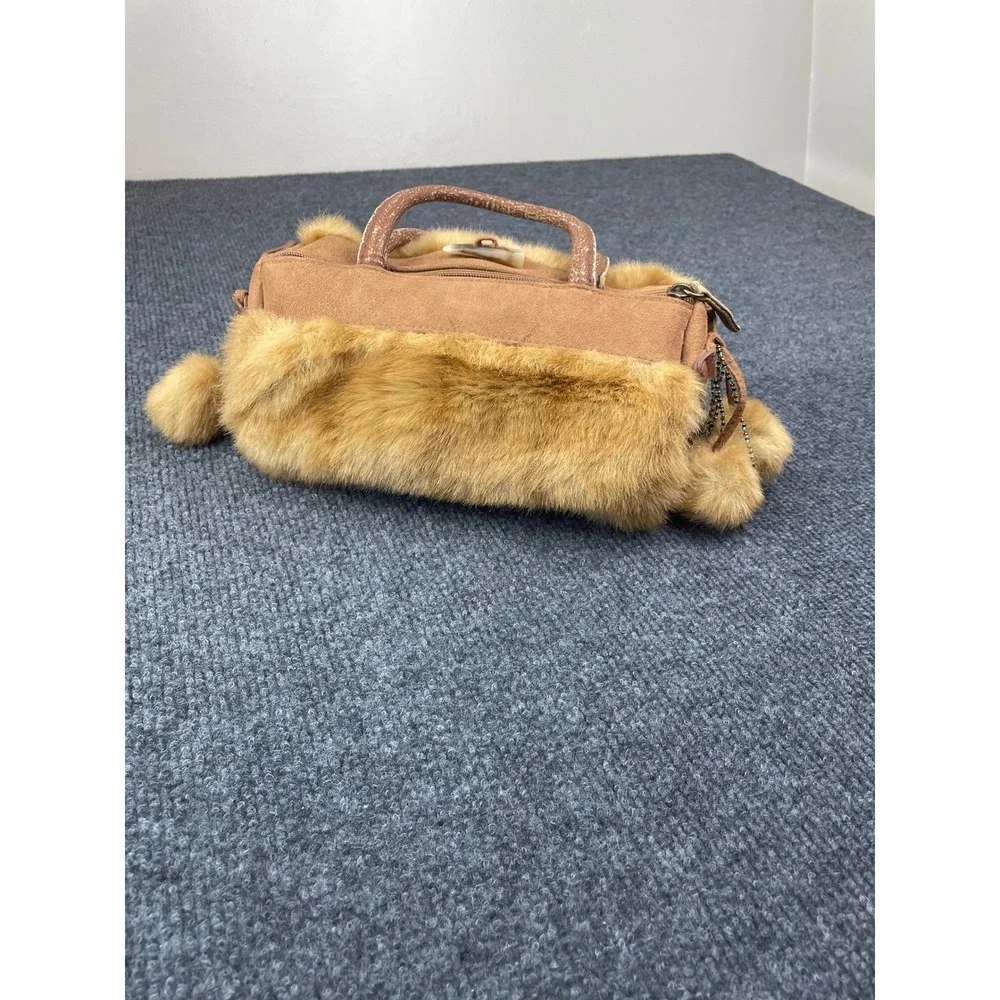 Vintage Tan Suede Faux Fur Barrel Bag Pom Pom Beaded Fringe Horn Toggle Boho